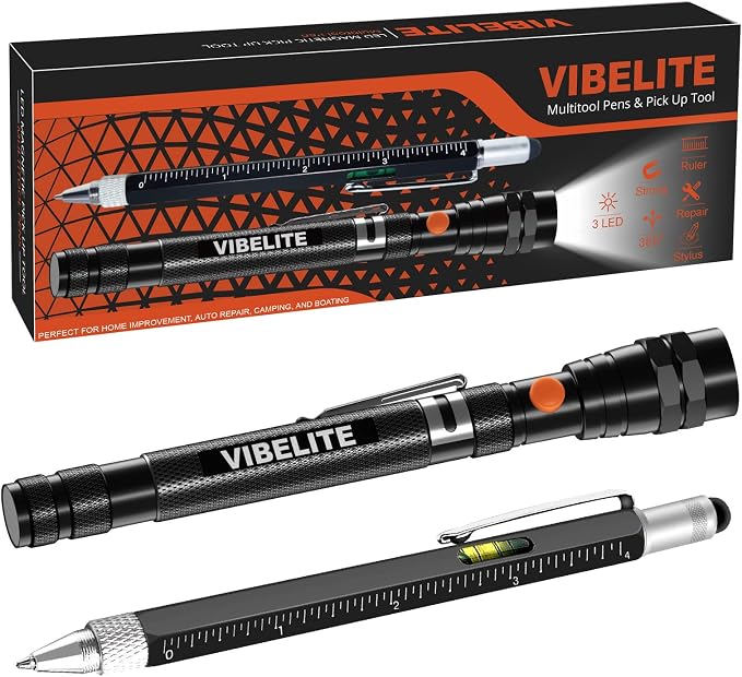 Magnetic Pickup Tool and 6 in 1 Multitool Pen with Touch Screen Stylus, Rulers, Bubble Level, Flathead, Phillips Screwdriver, Ballpoint Pen, Fathers Day Dad Gifts, BIrthday Gifts for Men, Dad, 2Pack