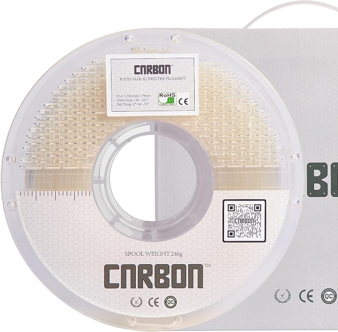 Certified Food Grade PLA+ 3D Printer Filament - CARBON by Comfy Materials - Lab Tested FDA Compliant Food Safe, 1.75mm, 1kg, Accuracy: +/- 0.02 (Semi-Transparent)