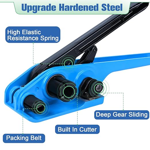 MYFAMIREA Banding Packaging Pallet Strapping Kit Poly Strapping Tensioner Tool, Banding Sealer Tool, 1772 FT Banding, 400 Metal Seals Seals, 200 Packaging Corner, 200 Perforated Wrapping Corner (Blue)