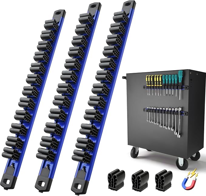 Reniteco 3-Piece Magnetic Screwdriver Organizer and Magnetic Wrench Organizer, Aluminum Rail Tool Holder, 36 Removable Clips, Fits Screwdrivers, Wrenches & Hand Tools, Dual Mount, Tools Not Included
