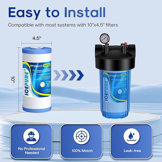 ICEPURE 5 Micron 10" x 4.5" Whole House Water Filter 2Pack and 1 Microns Whole House Sediment Activated Carbon Water Filter Compatible with Dupont WFHDC8001,1PACK