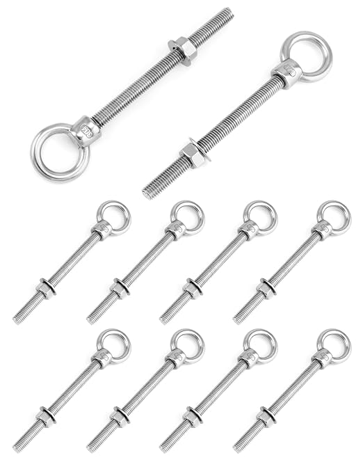 QWORK Threaded Eyebolts, 10 Pack 1/2"x6" Long Stainless Steel Marine Grade Shoulder Eye Bolt