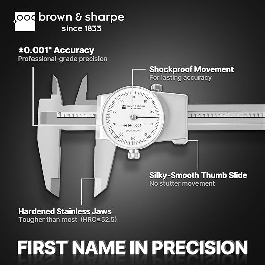Brown & Sharpe 6-Inch Dial Caliper – Precision Stainless Steel Measuring Tool, White Dial, 0.001" Resolution, Hardened Construction, Shockproof Movement