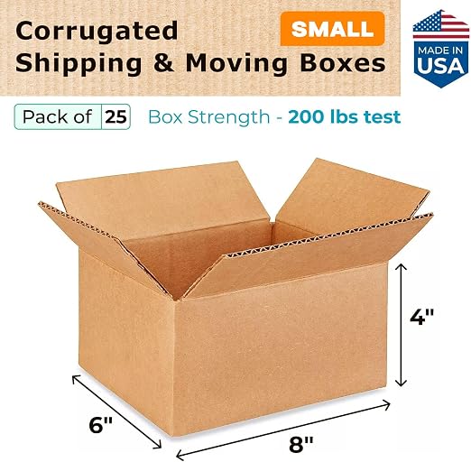 Small Moving & Shipping Boxes 8"L x 6"W x 4"H (25-Pack) - Extra Strength 200 lb vs Regular - USA-Made Corrugated Boxes for Packaging Moving Stuff - Corrugated Square Cardboard Box by IDL Packaging