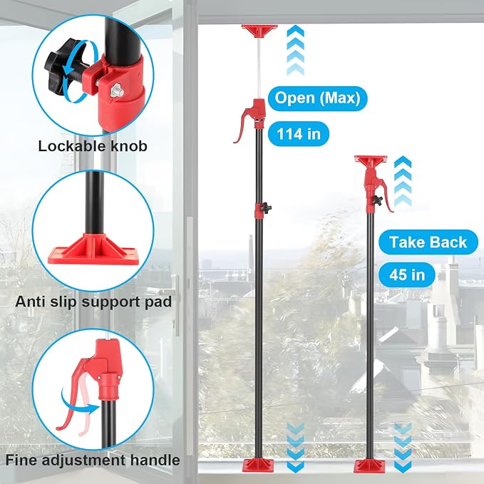 Cabinet Jack Support Pole, 4-Pack 45-114 Inch Adjustable Heights Support Pole with 154 lbs Capacity for Cabinet Jack, Cabinet Jacks for Drywall Jack Installing Cabinets Third Hand Support System