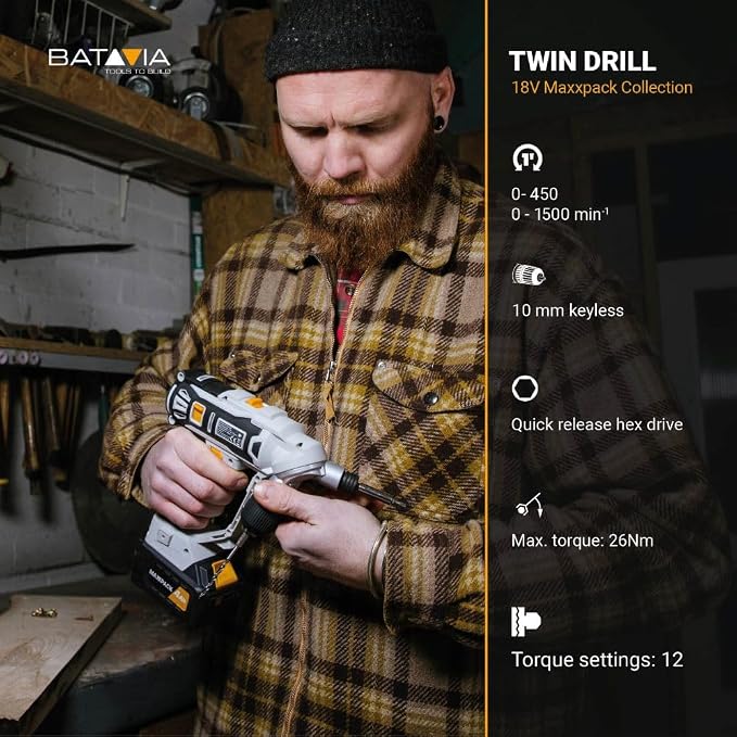 BATAVIA 20V 2-in-1 Cordless Drill Driver, Rotatable Dual Chucks for Fast Bit Swapping, Power Drill Set for Home Repairs, Cabinetry and DIY Projects, 11+1 Torque, 2-Speed, Battery and Charger Included
