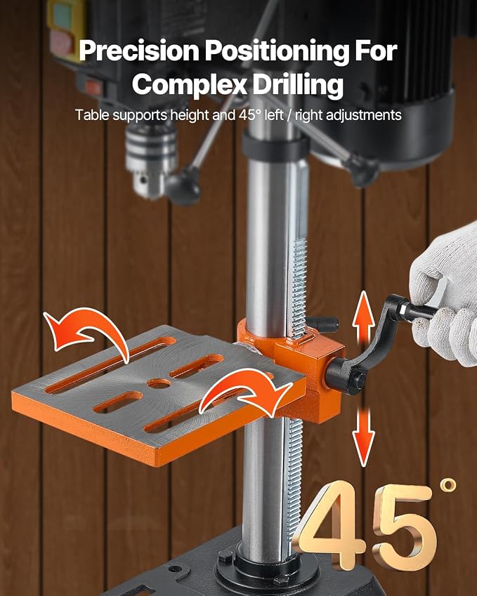 VEVOR 10 in Benchtop Drill Press, 6.2A Induction Motor, Tabletop Drilling Machine with 610/940 / 1500/2150 / 2800 RPM Adjustable Speed, 0-45° Tilting Worktable, LED Work Light, for Wood Metal