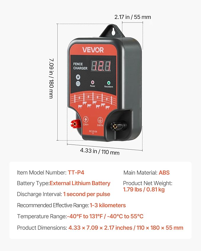 VEVOR Electric Fence Charger, 10kV 3J, AC DC Electric Fence Energizer with LED Indicator, 1.86 Miles Range, Powerful Plug-in Fences Charger, Prevents Wild Animals Intrusion for Livestock Poultry
