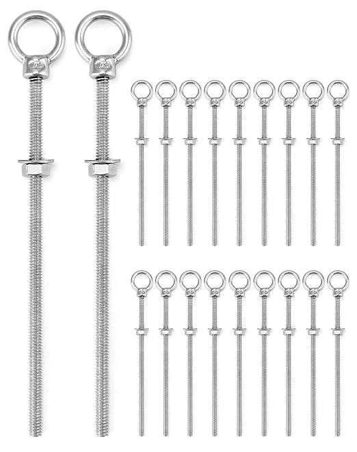 QWORK Threaded Eyebolts, 20 Pack 1/4" x 6" Long 304 Stainless Steel Marine Grade Shoulder Eye Bolt, Coarse Thread 1/4"-20