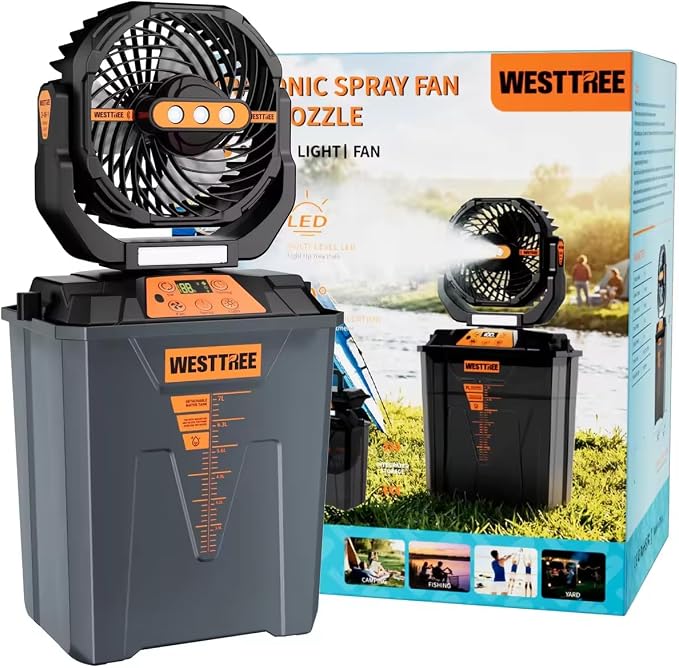 WESTTREE Portable Misting Fan, Large Rechargeable Battery Powered Mist Fan, Long Lasting Runtime, 3 Nozzles Mister Design, Portable Fan for Home Patio Camping Outdoor mist Daily Cooling fan