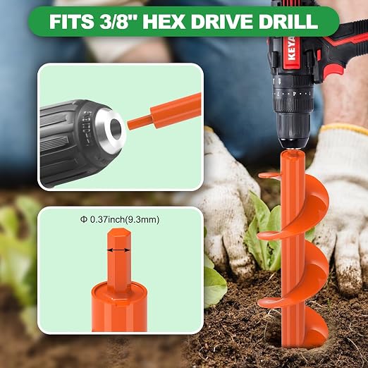 SELEWARE Auger Drill Bit for Planting 3"x12" Drill Auger for 3/8" Hex Drive | Orange Heavy-Duty Steel Garden Auger Drill Bit, Bulb Planter Tool, Auger Post Hole Digger for Bulbs, Flowers, Fence Posts