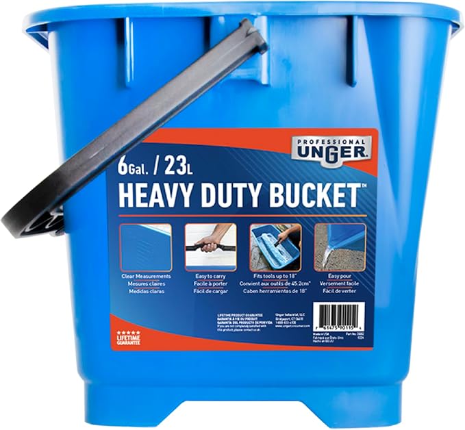 Unger Professional 6 Gallon Heavy Duty Bucket 5-Pack, Large Portable Cleaning Tool with 2 Pour Spouts, Comfort-Grip Handle, Essential Container for Floor, Window, and Household Use