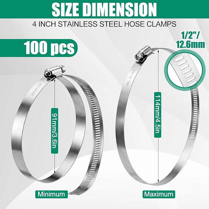 Zhengmy 100 Pack 4 Inch Stainless Steel Hose Clamps Adjustable 3-29/50" to 4-49/100" 91-114 mm Worm Gear Clamps Duct Clamp for Air Duct Automotive Fuel Dryer Vent Plumbing Industrial Use