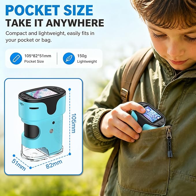 1000X Pocket Microscope for Kids - 4K 2.0" Screen, Digital Mini Scope with Slides Kit, Rechargeable Lab Handheld Portable Microscopes for Kids 4-12 Students Teens