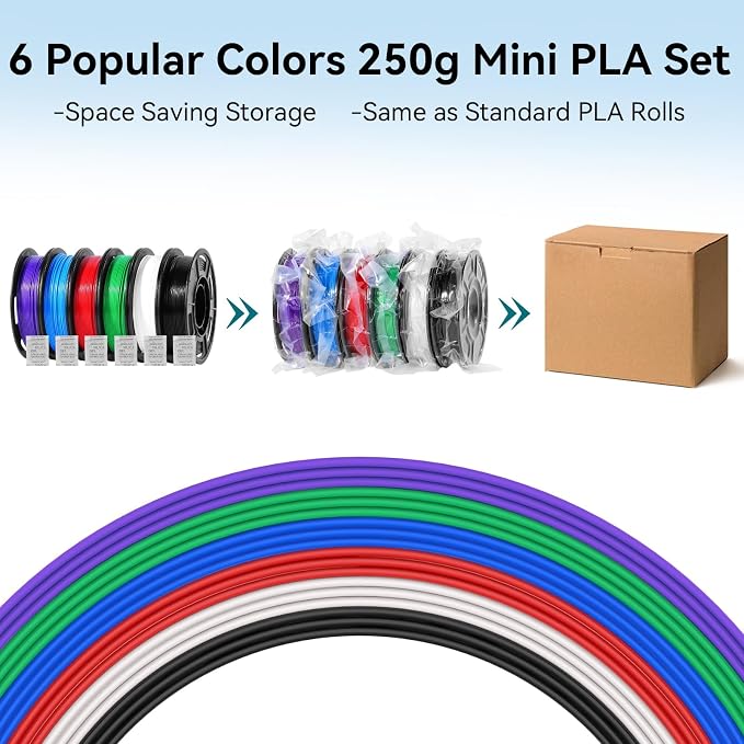 Dynta PLA 3D Printer Filament Bundle 250g, 1.75mm 6 Colors Total 1.5kg | Compatible with FLASHFORGE, Bambu, Creality, Black, White, Red, Green, Blue, Purple for Beginners, Individually Vacuum-Sealed