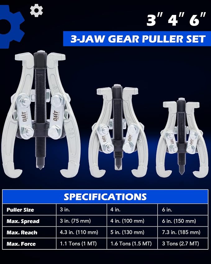 Orion Motor Tech Gear Puller Set, 3" 4" 6" 3 Jaw Puller Kit for Pulley Gear Bearing Flywheel Removal, Heavy Duty Pulley Puller with Reversible Jaws 3 pcs Bearing Puller Tool Kit
