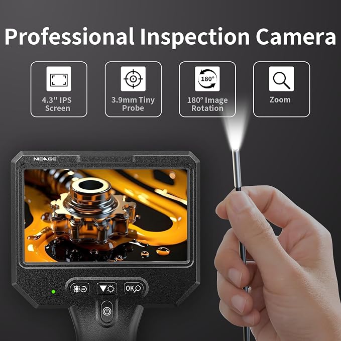 3.9mm Endoscope Camera with Light NIDAGE 1920P HD Industrial Borescope Inspection Camera with 4.3" IPS Screen, 5FT Semi-Rigid Cable, IP67 Waterproof Snake Cam for Car Engine Aircraft Mechanic Tools