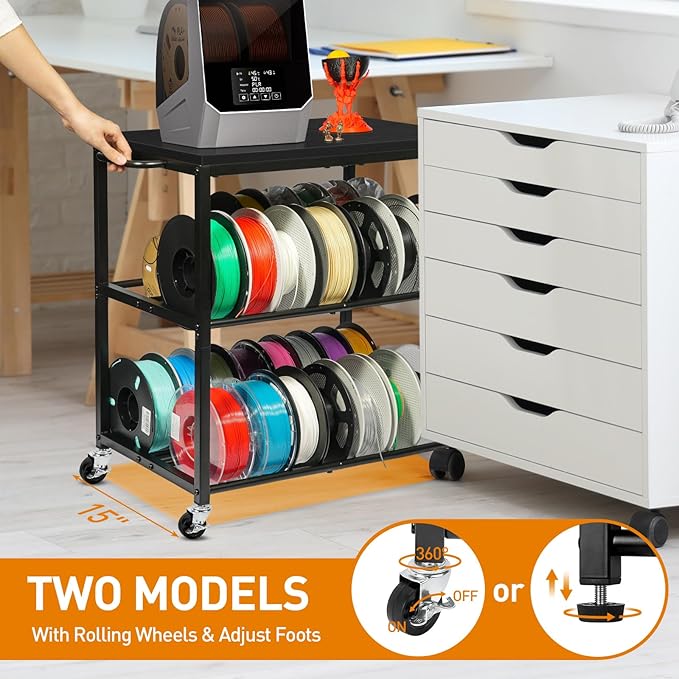3D Printer Table with Filament Storage-Small 3D Printer Stand for consumables Storage – Space-Saving Cart for 3D Printing Workshop, Studio, Office.Brown. (Black)