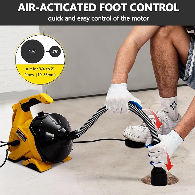 30FT x 3/10-In Auto-Feed Electric Drain Auger with Foot Pedal, Pipe Cleaning Machine for 3/4" to 2" Drains, Sinks, Toilets, and Floor Drains