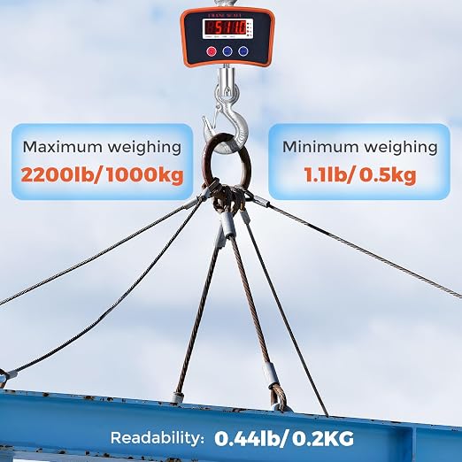 Bonvoisin Crane Scale 2200lbs/1000kg, Digital Hanging Scale Readability 0.44 lbs/0.2kg, Rechargeable Hook Scale for Farm, Big Game Scale Hoist Scale with 3 Weight Units