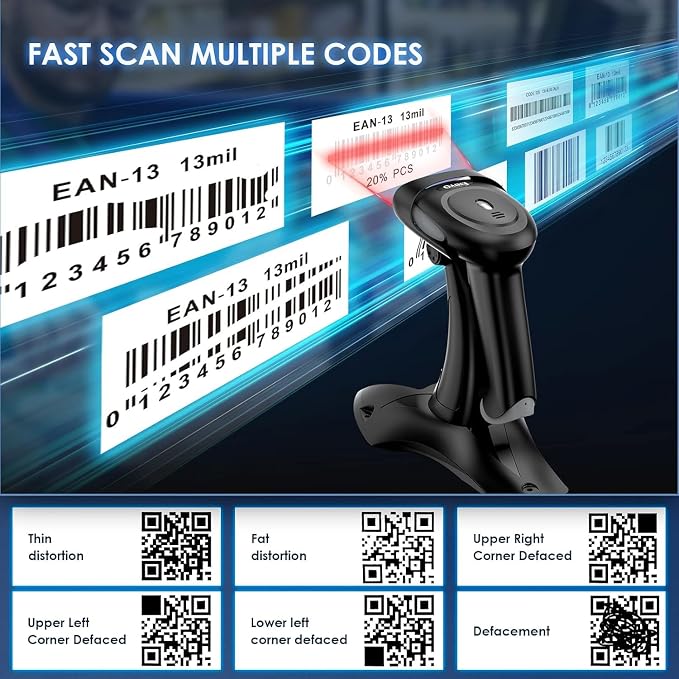 Eyoyo 2D 1D Wireless Barcode Scanner with Stand, 3-in-1 Barcode Reader 2.4G Wireless & Bluetooth & Wired USB Connection, Handheld QR Scanner Compatible with iPhone, Mac, Android, Store, Warehouse...