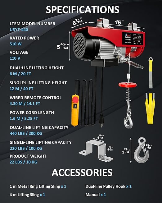 Electric Hoist,440 lbs Electric Winch with 14.1ft Remote Control,110V Electric Hoist with 40 ft/20 ft Lift Height, Lift Hoist for Warehouse,Garage,Factory,Attic