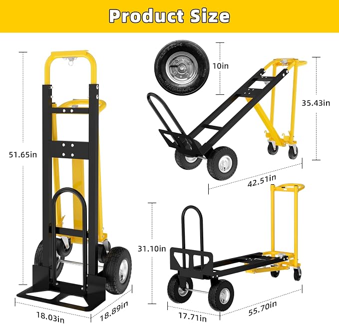 4 in 1 Convertible Hand Truck Dolly, 1000Lbs Capacity, Heavy Duty Folding Hand Truck Dolly Cart with Wheels 10" All-Terrain Tires, Hand Trucks for Logistics, Home, Office, School, Yellow