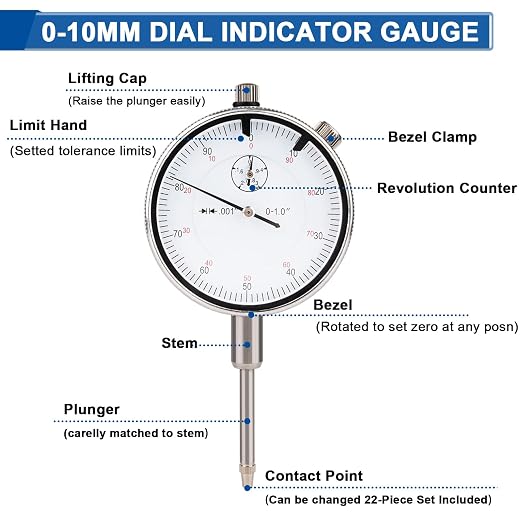 Dial Indicator with Magnetic Base, 0-1"×0.001" Precision Dial Test Indicator Set, Adjustable Long Arm Magnetic Dial Indicator Base Holder for Workshop, Lab & Mold Making