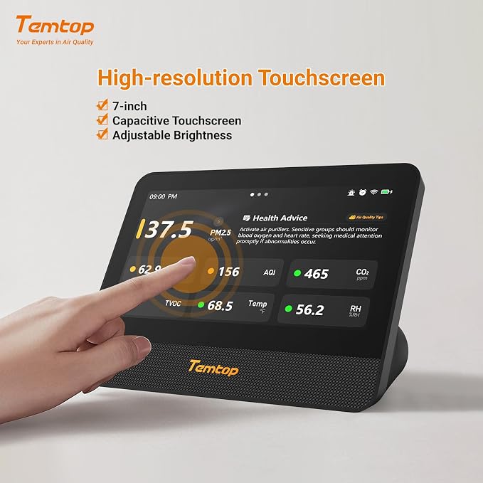 Temtop WiFi Air Quality Monitor M100 2nd Gen, 7 Inch Touchscreen CO2 Detector & Air Quality Tester for PM2.5 PM10 TVOC Temperature Humidity, Air Analyzer for Home Office with LoRa Extension