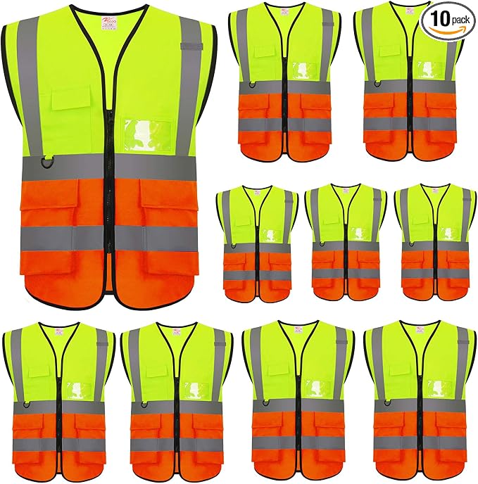 zojo High Visibility Safety Vests With Pockets, Pack of 10，Wholesale Reflective Vest for Outdoor Works, Cycling, Jogging, Walking,Sports - Fits for Men and Women (XL-Mix Yellow & Orange)