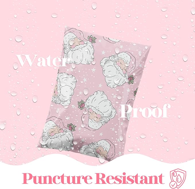Pretty Package Store Poly Mailer 10x13, Pink Santa, 100 Pack | Heavy Duty, Waterproof, Self Seal, Tear Resistant, Shipping Bags for Small Business Packaging, Bulk Mailing Envelopes