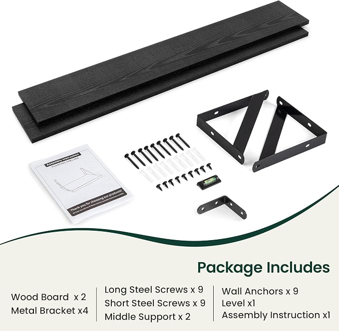 Floating Shelves 8 Inch Deep, 48W x 8D Wall Shelf Set of 2, 70 lbs Heavy Duty Reversible Metal Brackets, Industrial Book Shelf for Living Room Kitchen Bathroom Bedroom Gallery Wall, Black