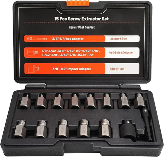 15Pcs Screw Extractor Set, Double Hex Head Multi-Spline Lug Nut Remover, 3/8 Inch Drive Easy Out Bolt Extractor Set for Removing Stripped, Rounded, Damaged, Broken Studs Bolts Screws