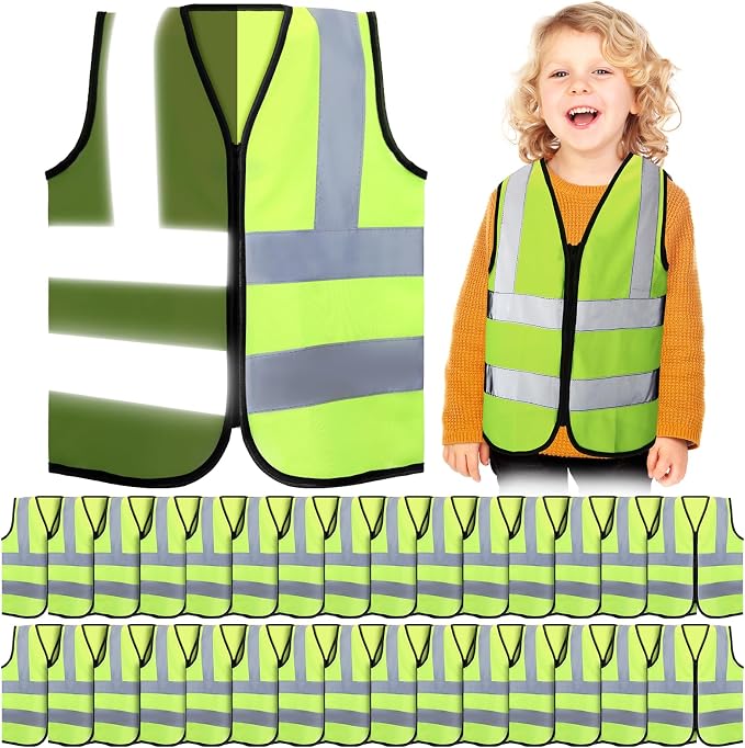Unittype 30 Pcs Kids Safety Vest Bulk High Visibility Reflective Vest with Zipper Neon Traffic Vest for Cycling Skiing Running (Yellow)