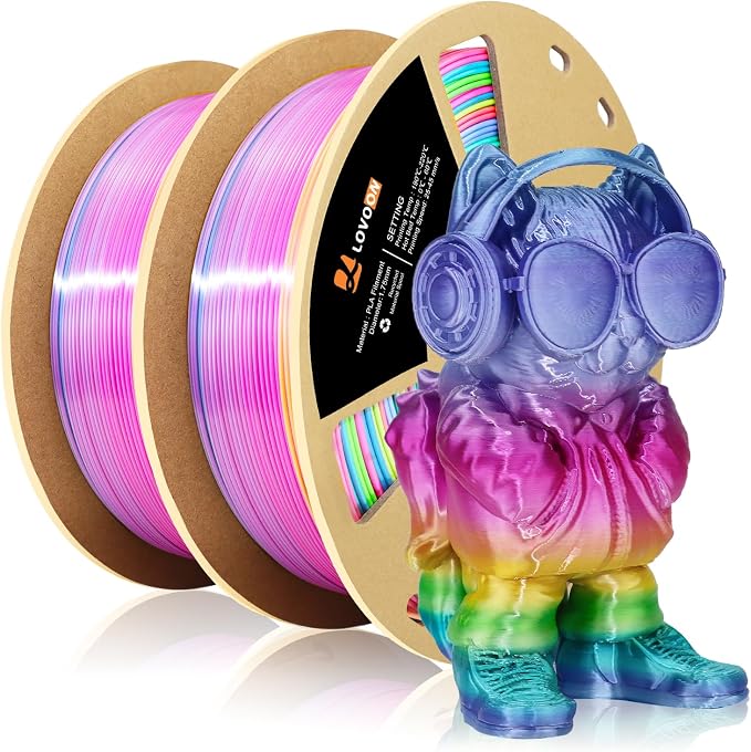 LOVOON 3D Printing Filament Bundle 2 KG, Silk Rainbow Gradient Green/Blue/Purple/Pink/Yellow 3D PLA Filament 1.75mm, Color Changing 3D Printer PLA Filaments,1KG X 2 Spools