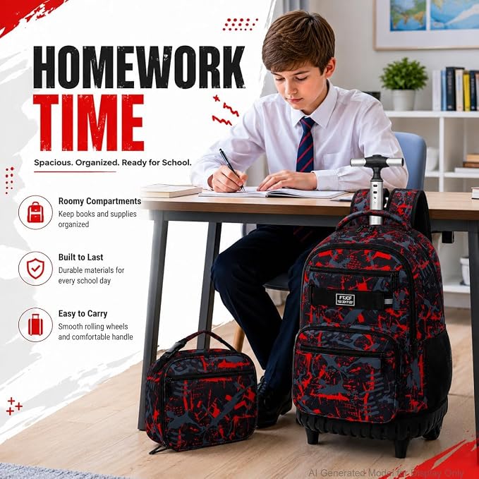 3Pcs Rolling Backpack for Boys Men, Travel Wheeled Backpacks for Adults, Teens College Roller Bookbag with Wheels for Men(Red)