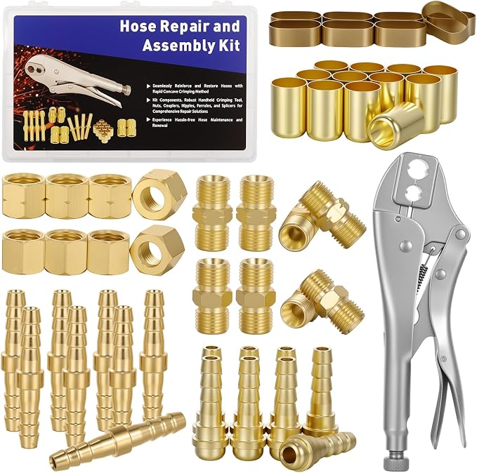 Welding Hose Repair Installation Kit, 49Pcs Brass Hose Repair Assembly Kit for 3/16 to 1/4in ID with B Size 9/16in Brass Nut Barbed Fittings Crimper Storage Box