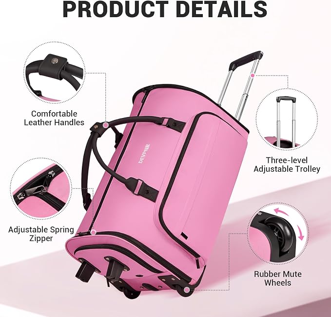 DEVPNR Rolling Garment Bags for Travel, 59L Rolling Duffle Bag with Wheels and Shoe Compartment for Men and Women, 3 in 1 Carry on Convertible Travel Garment Bag with Wheels, Pink