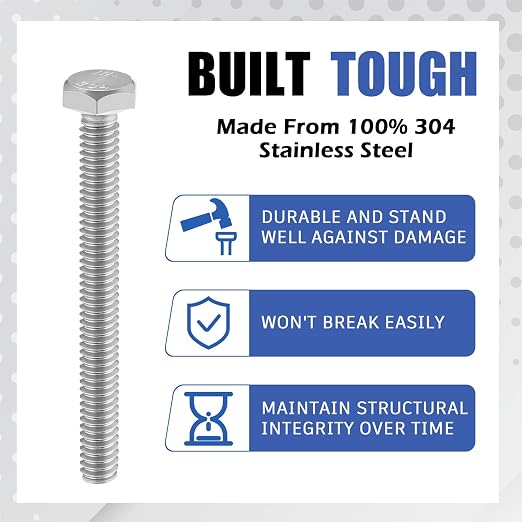 Zonon 50 Pcs 1/4-20 x 2-1/2" Hex Head Screw Bolt 18-8 (304) Stainless Steel Hexagon Bolts, Fully Threaded, Plain Finish, External Hex Drive (Silver)