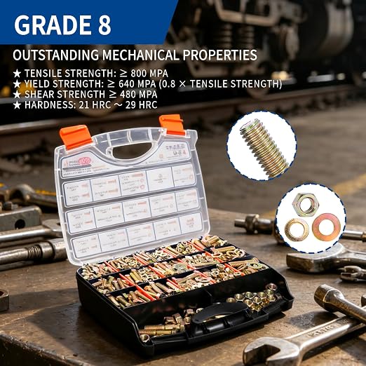 980cs Grade 8 SAE Bolts and Nuts Assortment Kit, 1/4-20, 5/16-18, 3/8-16, 1/2-13 Heavy Duty Hex Bolts and Nuts Kit, Assorted Nuts, Bolts, Flat & Lock Washers, Yellow Zinc Plated, Length from 1/2"-2"