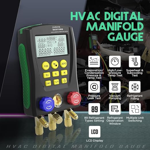 HVAC Gauges Digital Manifold Gauge Set Dual Pressure&Temp Test 89 Refrigerant Gauges R22 R134A R410A Refrigerant Recharge Kit HVAC Manifold Vacuum AC Gauge with Hoses for Air Conditioning/Refrigerator