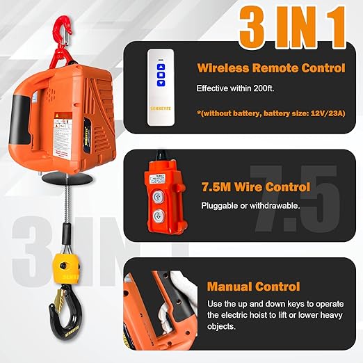 Power Electric Portable Hoist Winch 1500LBS, 3 in 1 Electric Cable Hoist 110V 25 FT with Lifting Strap, Electric Hoist Lift Ceiling Winch for Lifting Towing