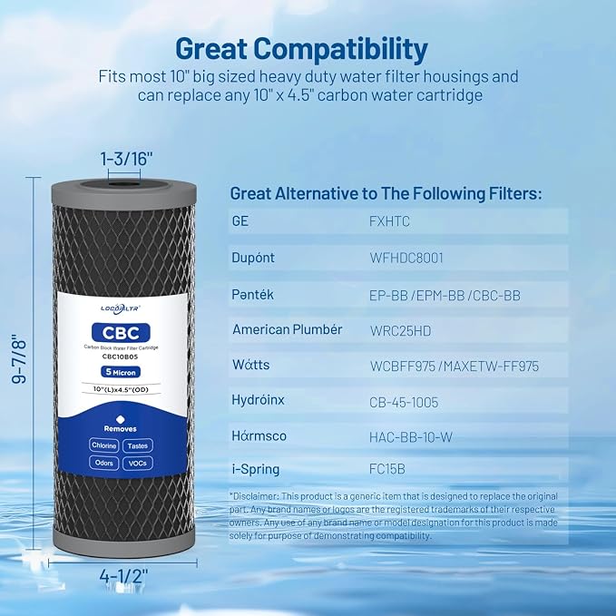 5 Micron 10" x 4.5" Whole House Carbon Block Water Filter Cartridge, 1 Pack | CTO Carbon Water Filter Replacement for FC15B, CTO10BB, EP-BB, EPM-BB, CTO-F10B-5, CB-45-1005, WFHDC8001