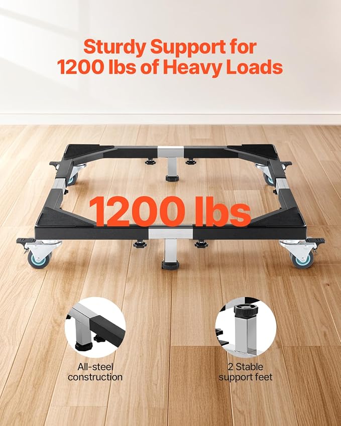 VEVOR All Stainless Steel Washing Machine Dolly Cart, 1200lbs Heavy Duty Furniture Dolly, Adjustable Fridge Stand Base with 4 Lockble Twin Wheels and 2 Strong Feet for Washer, Refrigerator and Dryer