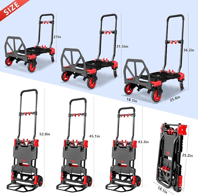 2-in-1 Hand Truck Dolly, 330LB Heavy Duty Carrying Portable Handtruck, Folding Hand Dolly with 4 Wheels&Retractable Handle for Moving, Luggage, Shopping, Office