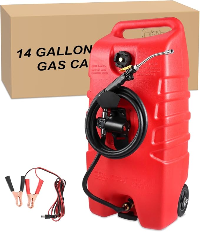 GOOACC 14 Gallon Fuel Caddy, Portable Fuel Transfer Tank with 12V DC Electric Pump, Heavy-Duty Empty Gasoline/Diesel Storage Container with Wheels and 10FT Hose for Motorcycles Boats Lawn Mowers, Red