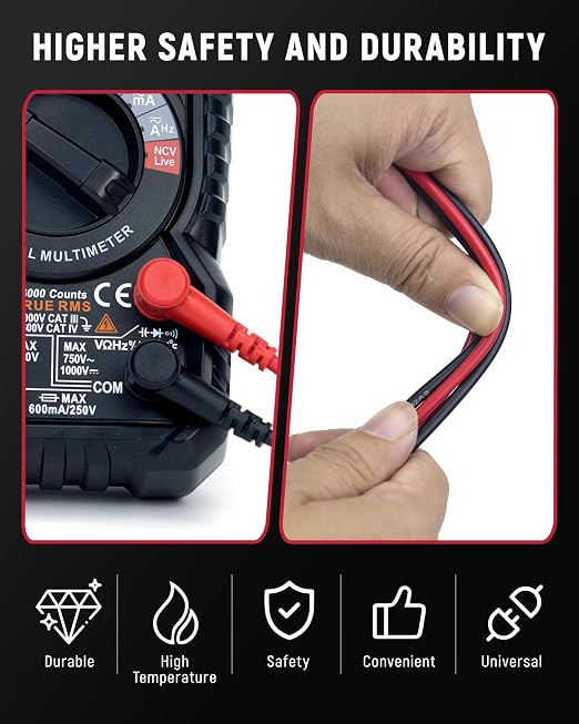 KAIWEETS HT208F Inrush Digital Clamp Meter 1000A and KAIWEETS KET01 Silicone Multimeter Test Leads with Gold-Plated Probes, 48 inch Long