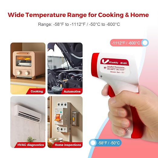Infrared Thermometer for Meat,Laser Temperature Gun,-58~1112°F,DS 12:1 Digital IR Temp Gun with Adjustable Emissivity&High/Low Alarm,LCD Display Thermal Gun for Food Oven Cooking HVAC