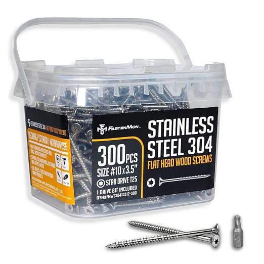 304 Stainless Steel Deck Screws, #10 x 3-1/2", 300 PCS | Torx Flat Head Type 17 Point with T25 Bit, Ideal for Outdoor Wood Projects, Fences, Benches, Picnic Tables, Decks, Bulk Box