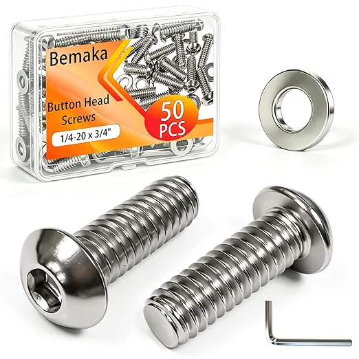 50Pcs 1/4-20 x 3/4" Button Head Socket Cap Screws, 304 Stainless Steel Bolts with Flat Washers and Hex Wrench, Fully Thread (25Set)